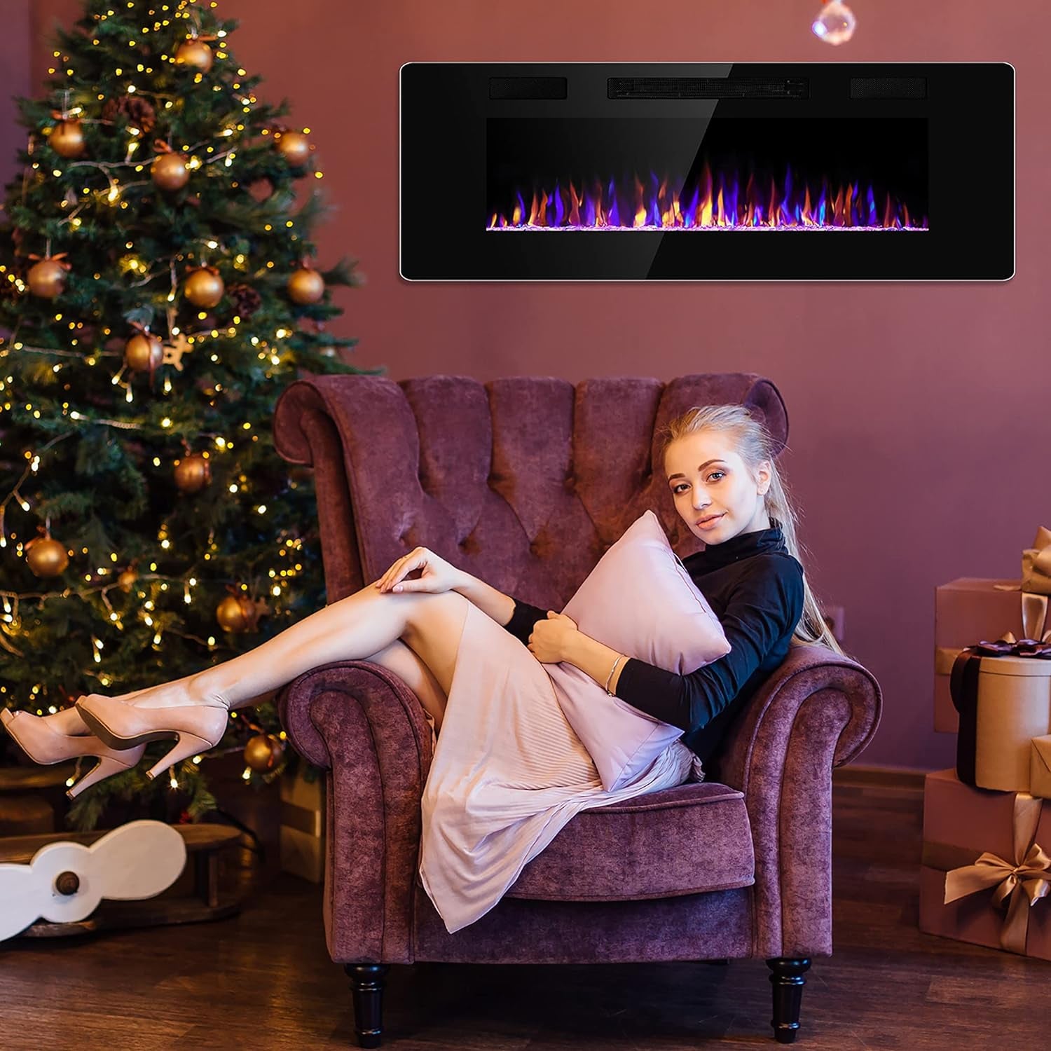 42 Inches Electric Fireplace Recessed and Wall Mounted Electric Fireplace, Fireplace Heater and Linear Fireplace, with Timer, Remote Control, Adjustable Flame Color, 750W/1500W, Black