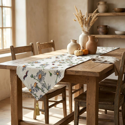 Tache Floral Yellow Daisies Ladybugs Ivory Woven Tapestry Table Runner (18114)