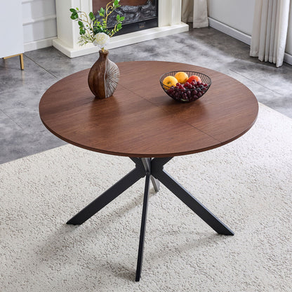 Extendable Round Dining Table with Metal Base - Walnut