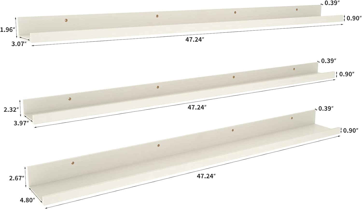 47 Inch Floating Shelves Wall Mounted Set of 3, Long Picture Ledge Shelf for Living Room Bathroom Bedroom Kitchen Office, Creamy White