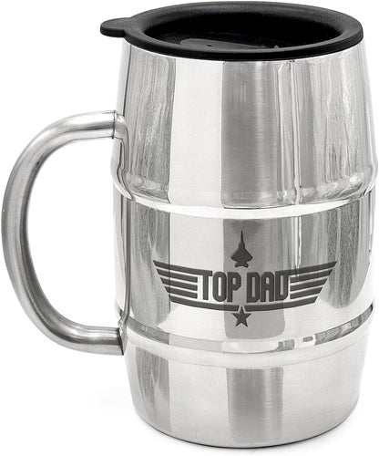 Gift Mug for Dad, Stainless Steel TOP DAD Barrel Cup with Handle and Sip Lid (Hot n' Cold) Double Wall Insulation for Beer & Coffee, 17oz (Gift Boxed for Christmas/Fathers Day)