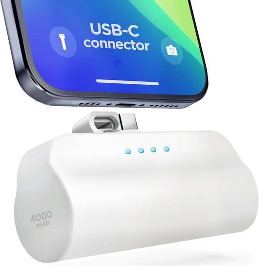USB-C Battery Pack for iPhone 15 and 15 Pro Max - Fast Charging Type-C, Small Power Bank for Travel with Built-in Cable, 4000mAh (Fast Charging Enabled)