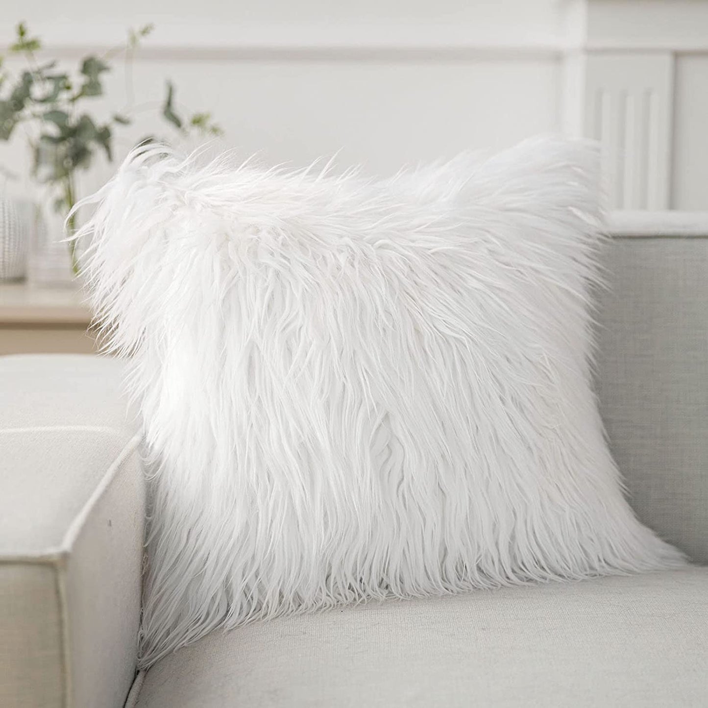 Faux Fur Solid Decorative Pillow Cover Fluffy Throw Pillow Mongolian Luxury Fuzzy Pillow Case Cushion Cover for Bedroom and Couch,True White 18 X 18 Inches
