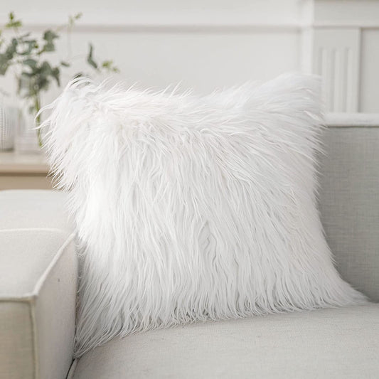 Faux Fur Solid Decorative Pillow Cover Fluffy Throw Pillow Mongolian Luxury Fuzzy Pillow Case Cushion Cover for Bedroom and Couch,True White 18 X 18 Inches