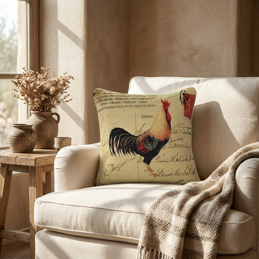 Tache Rooster Postcard European Farmhouse Cottage Vintage Tapestry Woven Throw Pillow Cover (15051)