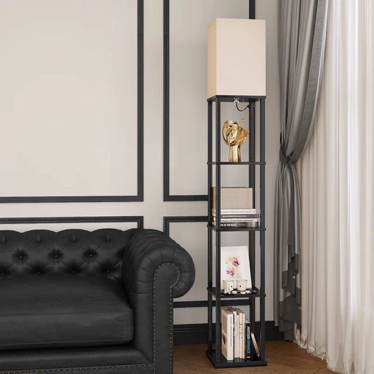 70.07” Modern Column Floor Lamp with 5-Tier Display Shelves – Linen Shade, LED Bulb – Living Room, Bedroom, Office