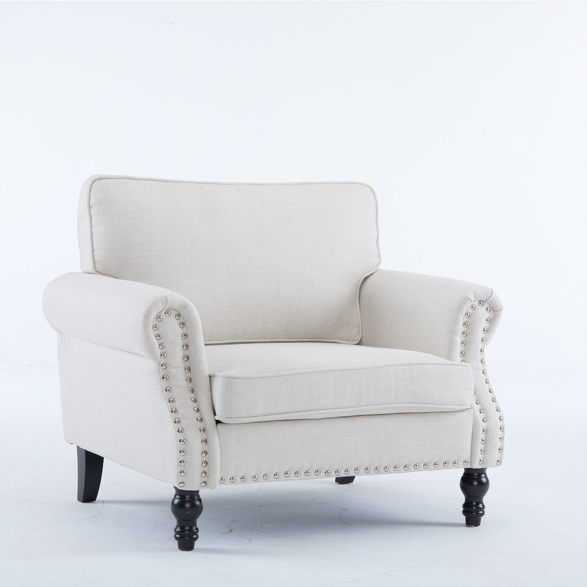 Beige Faux Leather Accent Chair with Rolled Arms and Nailhead Trim