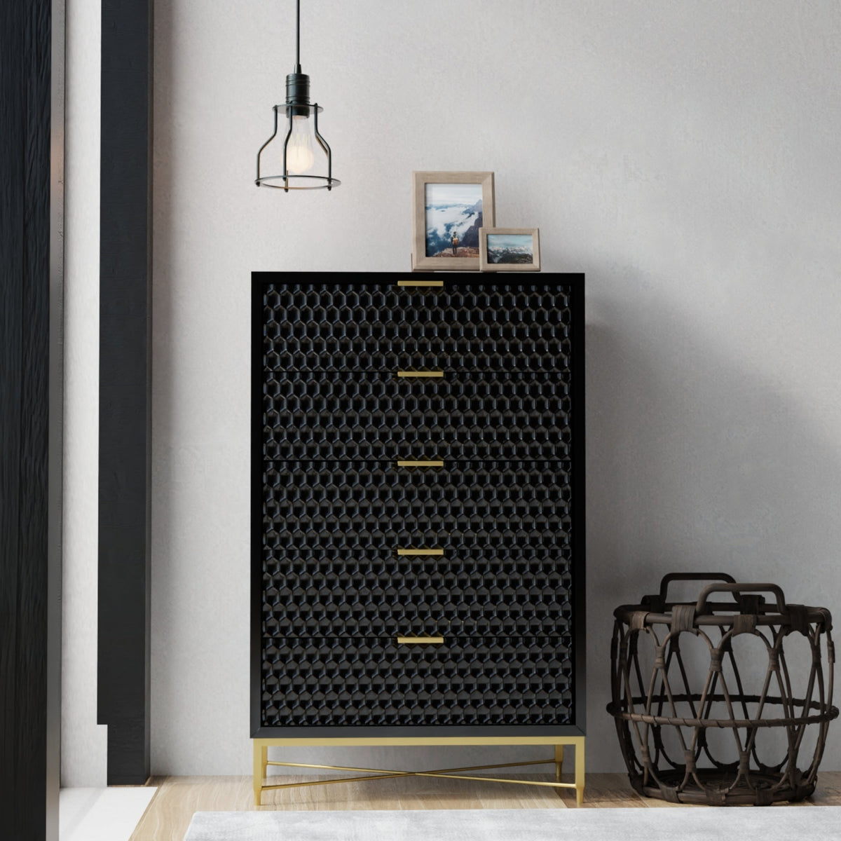 White Pearl 5-Drawer Chest with Textured Fronts and Gold Base – view 7