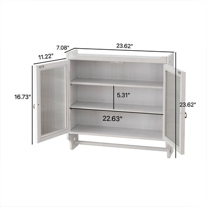 Vintage Double Door Wall Cabinet With Three Tiers Storage And Towel Rack - White Washed