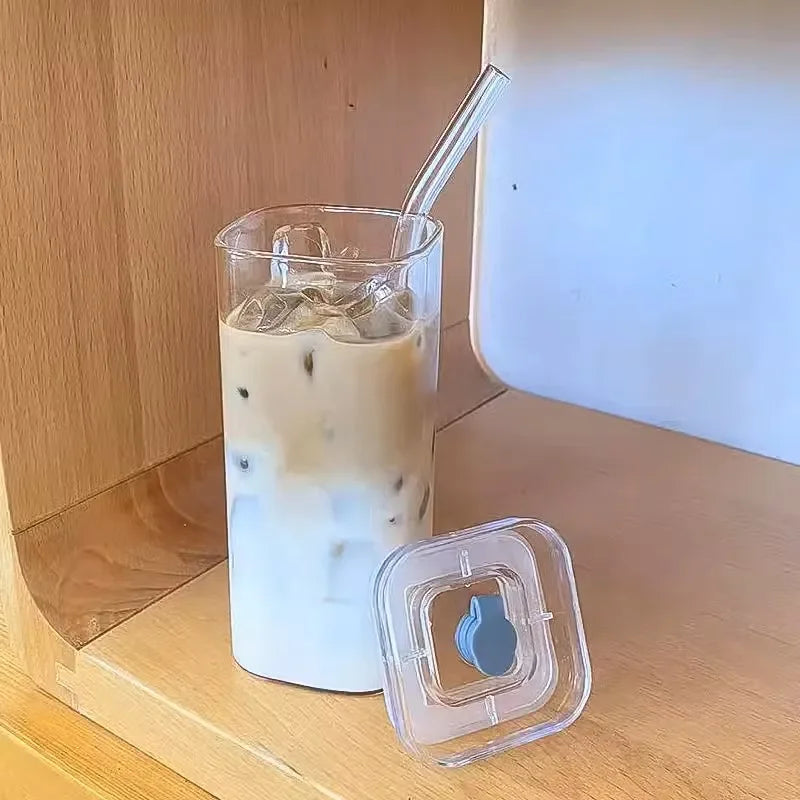 400ml Square Glass Coffee Cup with Lid and Straw - Transparent Glass Drinkware for Milk, Tea, Juice, and Cocktails