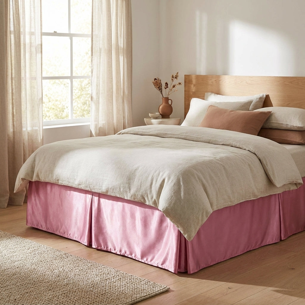 Pink Satin Tailored Platform Bed Skirt with a 14-Inch Drop