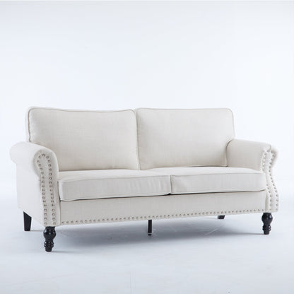 68 Inch Faux Leather Rolled Arm Sofa with Nailhead Trim - Beige