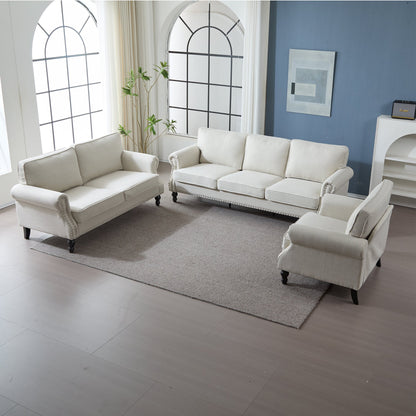 68 Inch Faux Leather Rolled Arm Sofa with Nailhead Trim - Beige