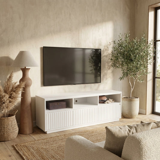 Blanca Mahogany TV Console with Scalloped Drawers, White