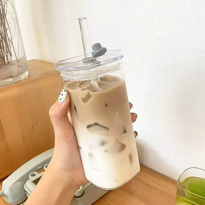 400ml Square Glass Coffee Cup with Lid and Straw - Transparent Glass Drinkware for Milk, Tea, Juice, and Cocktails