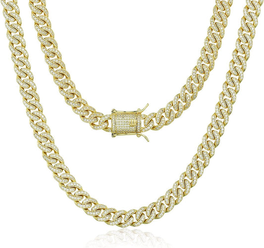 8Mm Real 14K or White Gold Plated Diamond Iced Out Cuban Link Chain or Bracelet Hip Hop Miami Prong-Setting Necklace Choker for Men Women