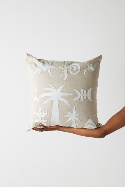 Keiskamma Natural White Linen & Silk Embroidered Throw Pillow