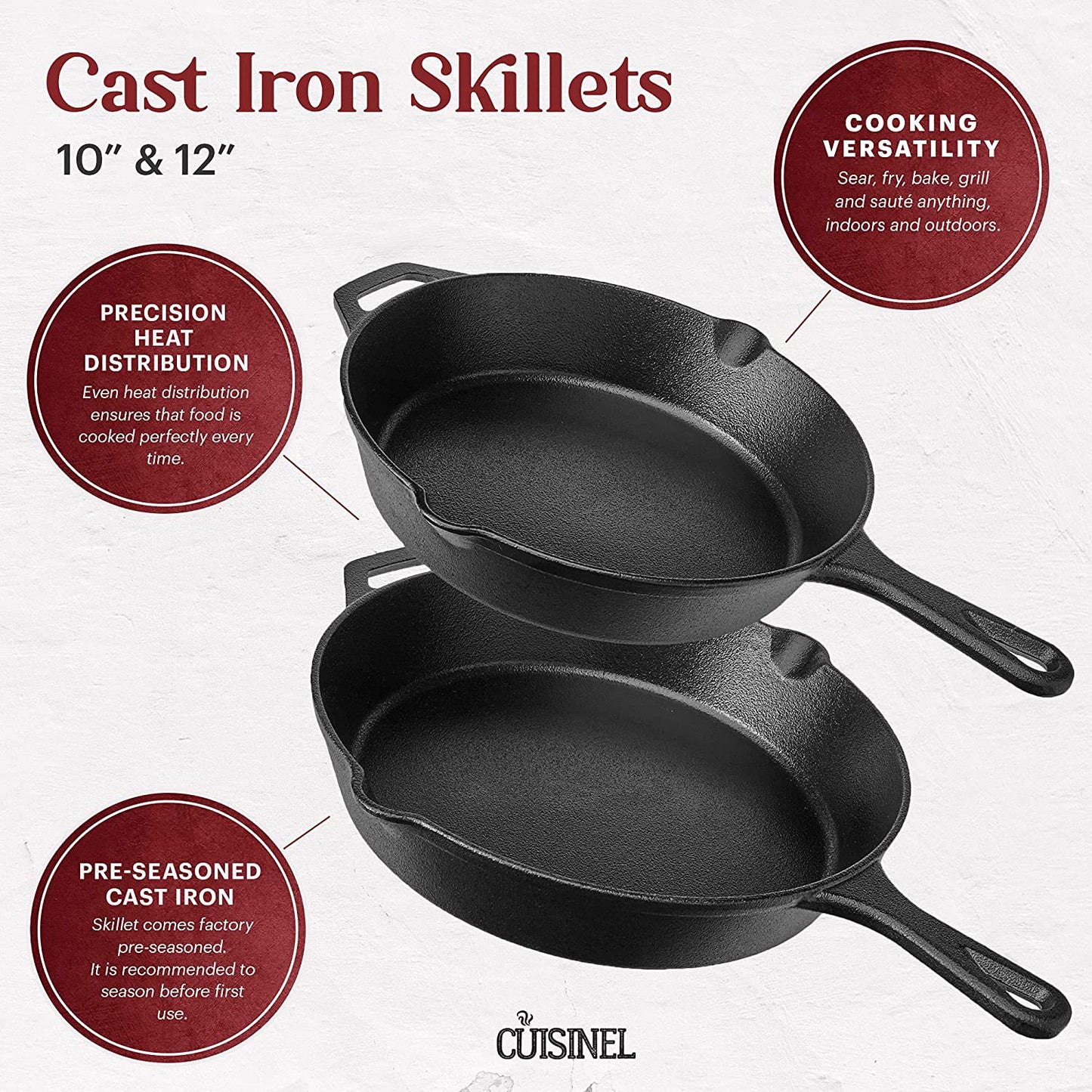 Cast Iron Skillet Set - 10" + 12" Frying Pan + Glass Lids + 2 Handle Cover Grips - Pre-Seasoned Oven Cookware - Indoor/Outdoor Use - Grill, Stovetop, Induction, BBQ, Camping, Fire Use