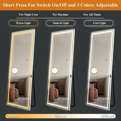 LED Full-Length Mirror 63”x16” - Large Rectangle Standing Mirror with 3-Color Dimmable Lighting, Stepless Dimming, White Frame