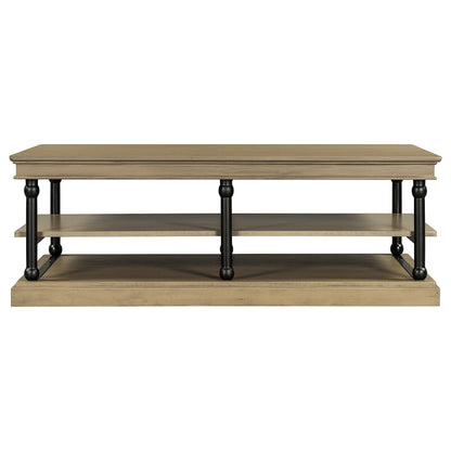 Wood Coffee Table with Black Legs and Open Storage Shelves - Brown