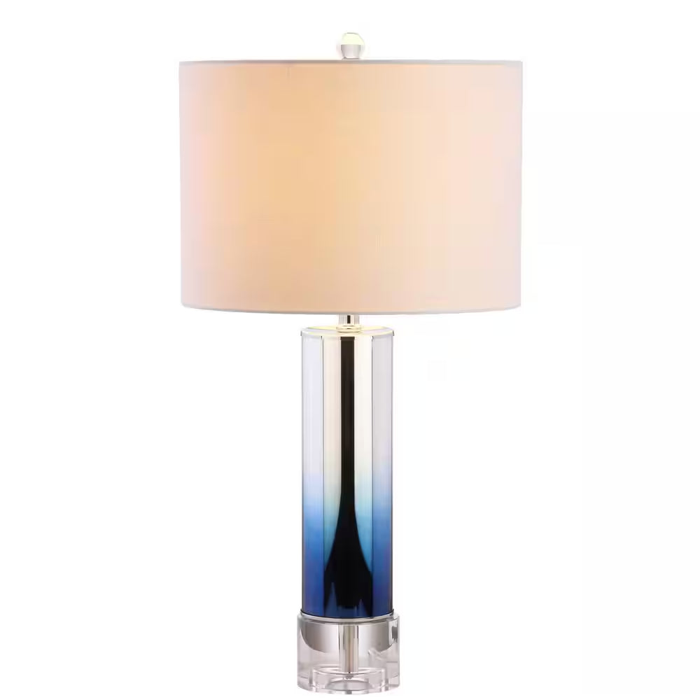 Edward 27” Blue Glass/Crystal LED Table Lamp - Stylish Ombre Glass with Cotton Drum Shade for Bedroom, Living Room, or Office