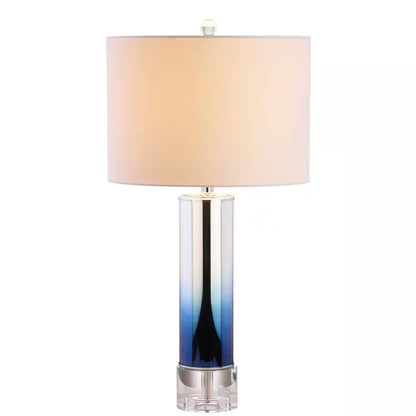 Edward 27” Blue Glass/Crystal LED Table Lamp - Stylish Ombre Glass with Cotton Drum Shade for Bedroom, Living Room, or Office