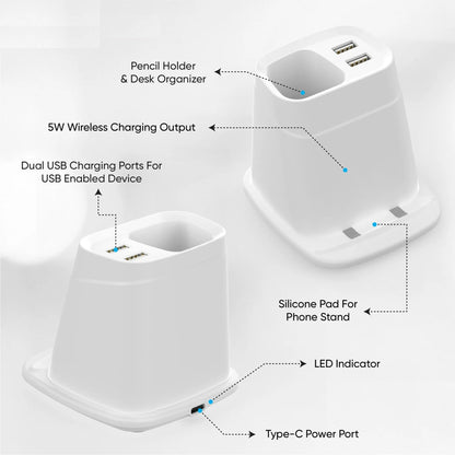 Wireless Charging Stand with Dual USB Charger & Desk Organizer