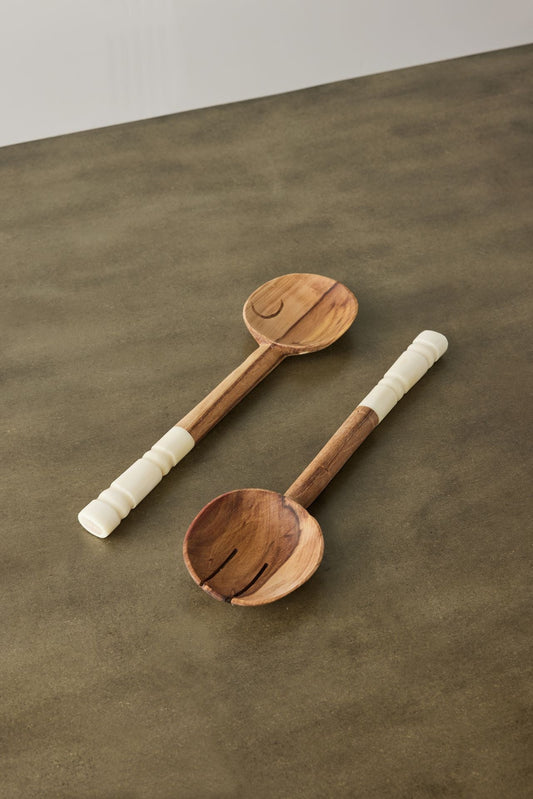 Olive Wood Salad Servers with Polished Bone Handles