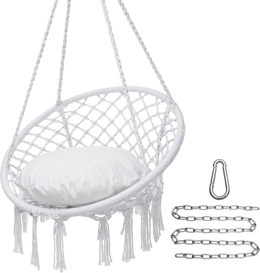 Hammock Chair Macrame Swing Chair, Max 330 Lbs, Hanging Chair Cotton Rope Hammock Chair Swing for Indoor and Outdoor Use, White