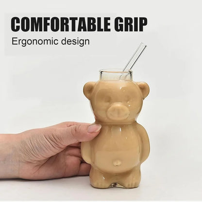 320ML Cute Bear-Shaped Glass Coffee Mug with Straw - Transparent Drinkware for Coffee, Tea, Milk, and More - Ideal Gift for All Occasions