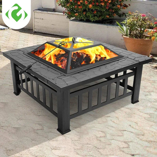 3 in 1 Patio Fire Pit - Outdoor Square Steel Table, Charcoal Grill, and Fire Pit Combo for Courtyard and Camping, Family-Friendly, 32x32 inches