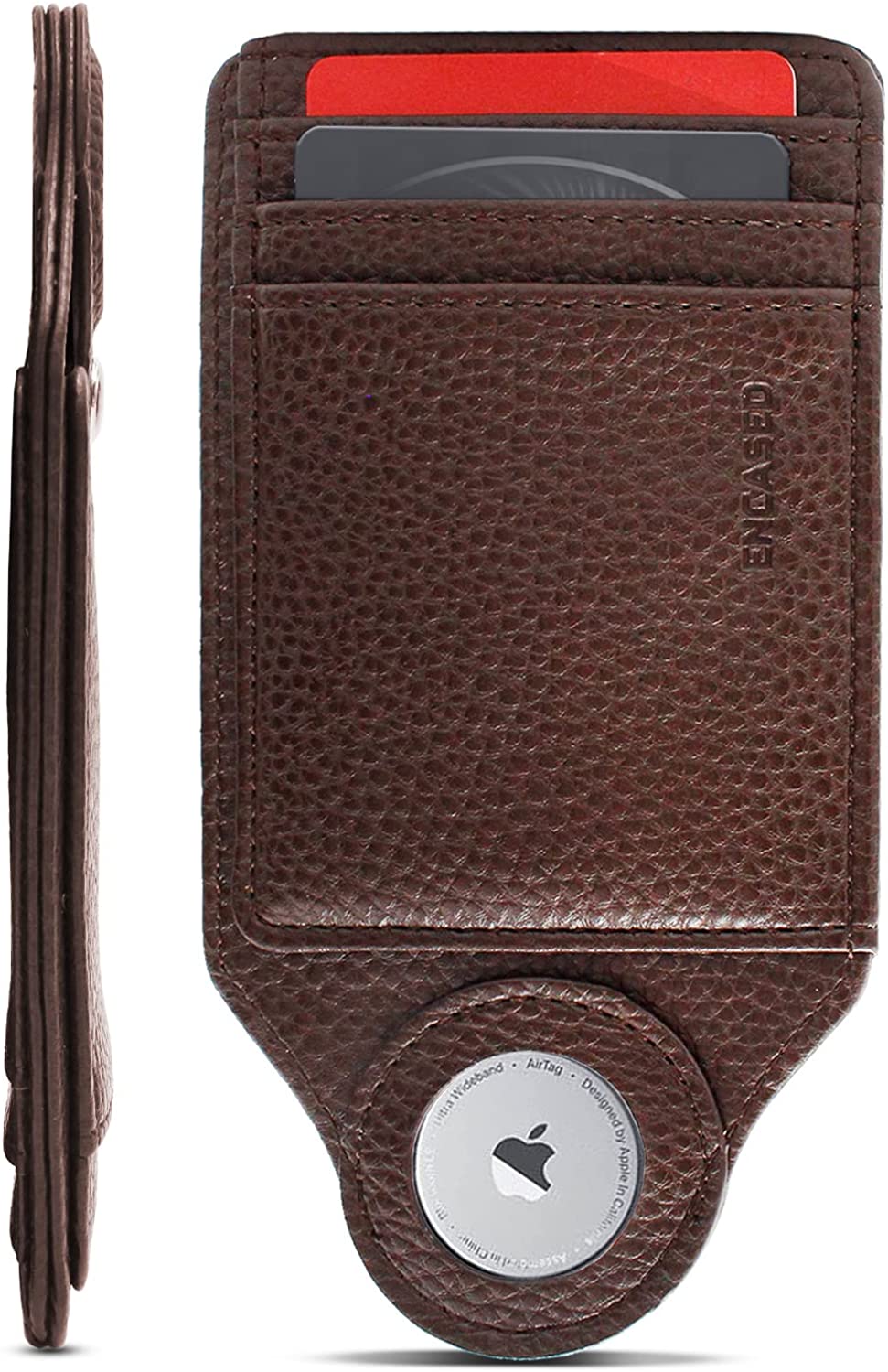 Worlds Slimmest Airtag Wallet for Men, Ultra-Thin Super Slim Profile (Deep Grain) PU Leather Card Holder Compatible with Apple AirTag