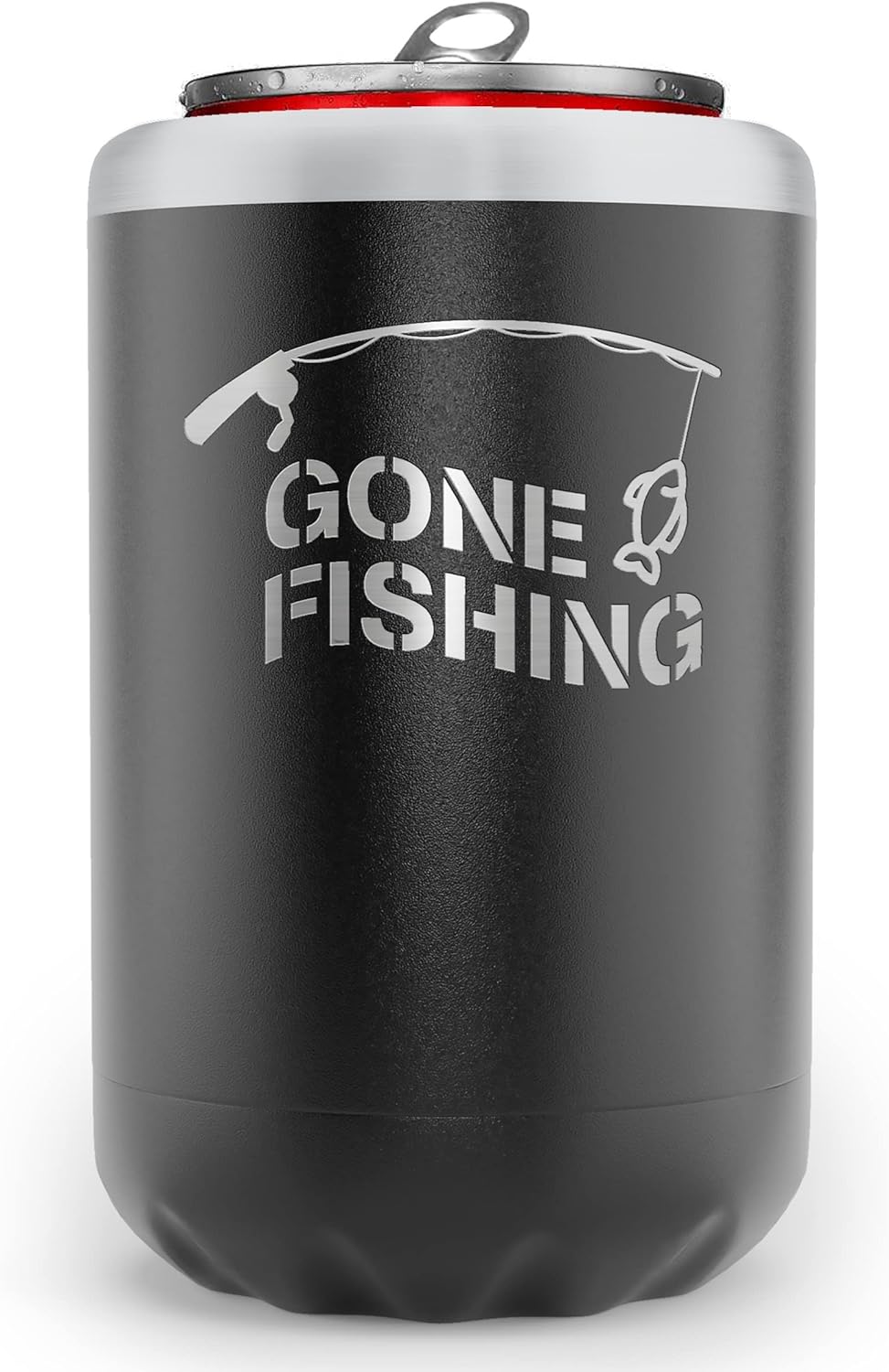 Fishing Beer Can Holder - Double Wall Vacuum Insulated Can Cooler, Powder Coated Stainless Steel "Gone Fishing"