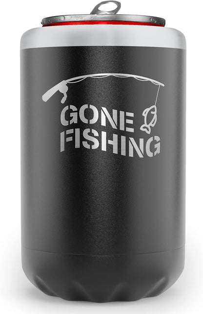 Fishing Beer Can Holder - Double Wall Vacuum Insulated Can Cooler, Powder Coated Stainless Steel "Gone Fishing"