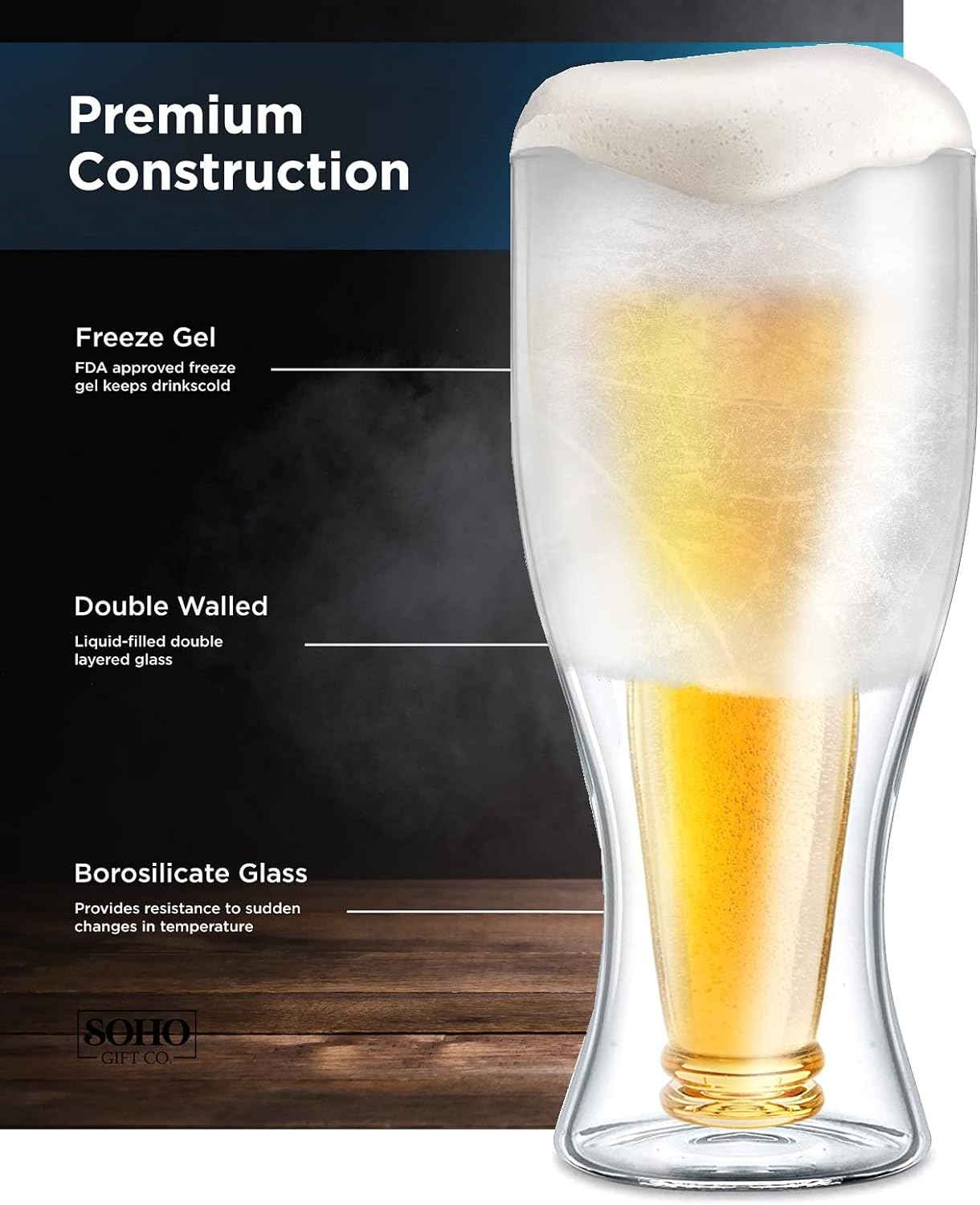 Freezer Beer Glass, Upside Down Beer Bottle Frozen Cup for Ice Cold Drinks (Double Walled Insulated) Great Gift for Beer Lovers (Gift Boxed)