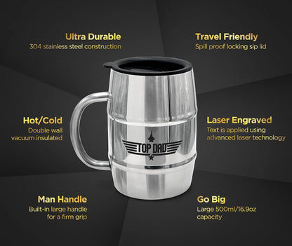 Gift Mug for Dad, Stainless Steel TOP DAD Barrel Cup with Handle and Sip Lid (Hot n' Cold) Double Wall Insulation for Beer & Coffee, 17oz (Gift Boxed for Christmas/Fathers Day)