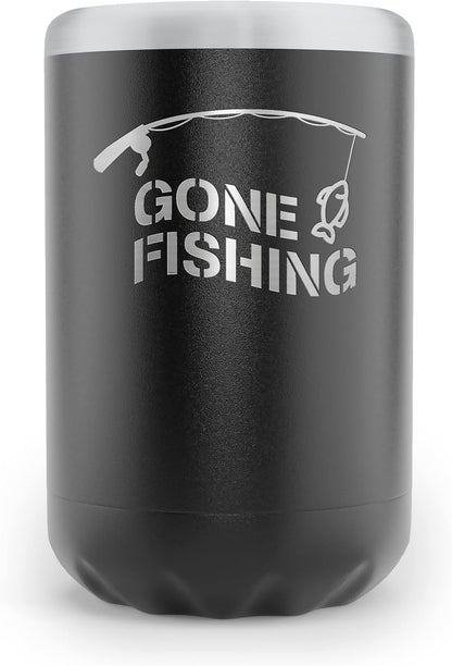 Fishing Beer Can Holder - Double Wall Vacuum Insulated Can Cooler, Powder Coated Stainless Steel "Gone Fishing"