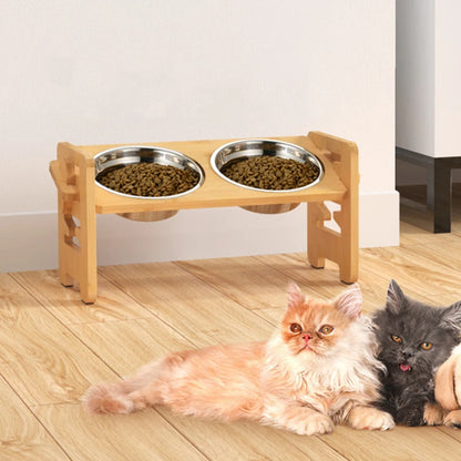 Adjustable Elevated Dog Bowls - Bamboo Stand with Tilted Stainless Steel Bowls for Small to Medium Dogs and Cats, 700ml