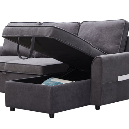 Modern Modular L-Shaped Sofa Bed with Chaise - Dark Grey Linen