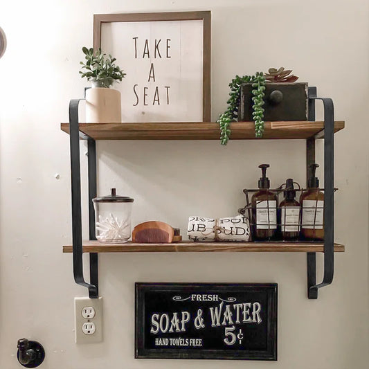 Stunning Alaina 2-Piece Live Edge Wall Shelves – Solid Pine Wood Floating Shelf Set with Rustic Iron Brackets – Farmhouse & Modern Industrial Decor, 23.6” Wide, Natural/Black**