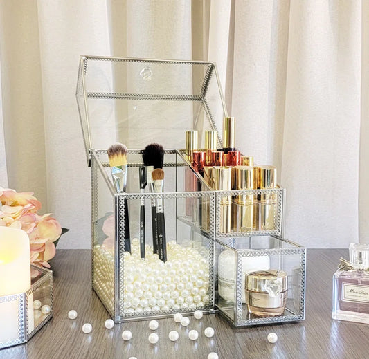 Stenya Metal 2 Compartment Makeup Organizer - Brushed Gold Finish