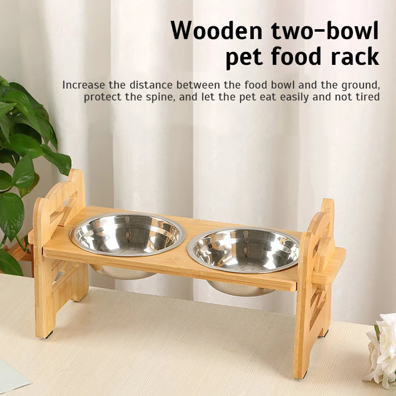 Adjustable Elevated Dog Bowls - Bamboo Stand with Tilted Stainless Steel Bowls for Small to Medium Dogs and Cats, 700ml