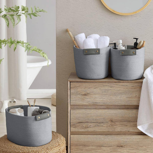 Cotton Gray Fabric Rope Storage Baskets (3-Pack) - Versatile Storage Solution