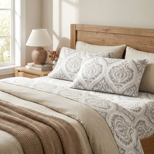 Microfiber Ogee Damask Pillowcases, Heather Gray & White
