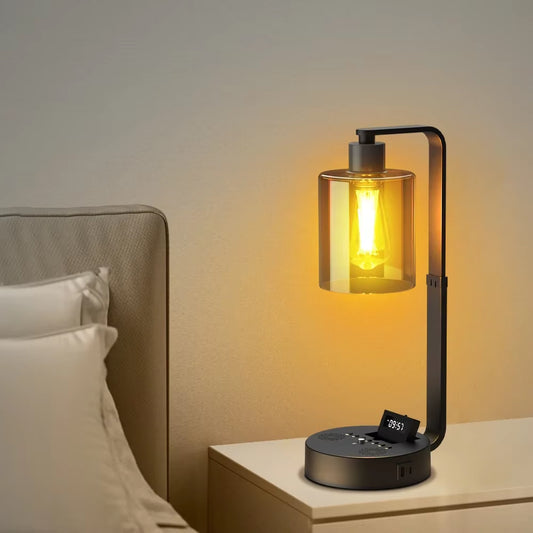 LED Bedside Table Lamp with Glass Shade – Dimmable Night Light with Touch Control – ST64 E26 Bulb Compatible – Vintage Desk Light for Bedroom, Office, or Living Room – 6W Rechargeable Lamp by Hidxon