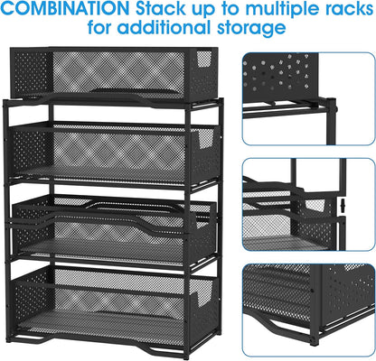 2 Pack Stackable 2 Tier under Sink Cabinet Organizer with Sliding Storage Drawer, Black