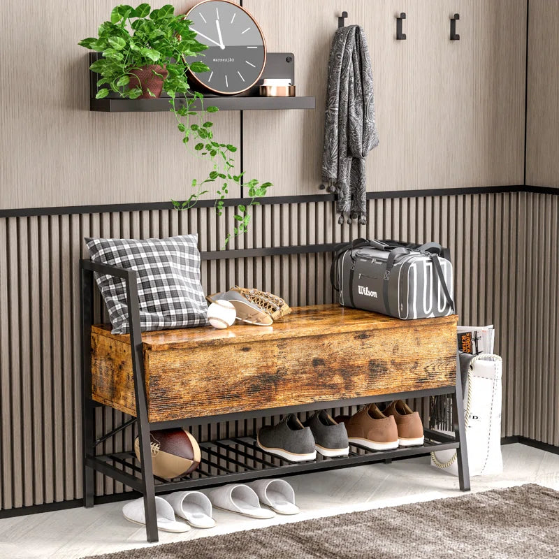 Chiharu Entryway Storage Bench with Metal Legs – Industrial Style Shoe Bench with Storage