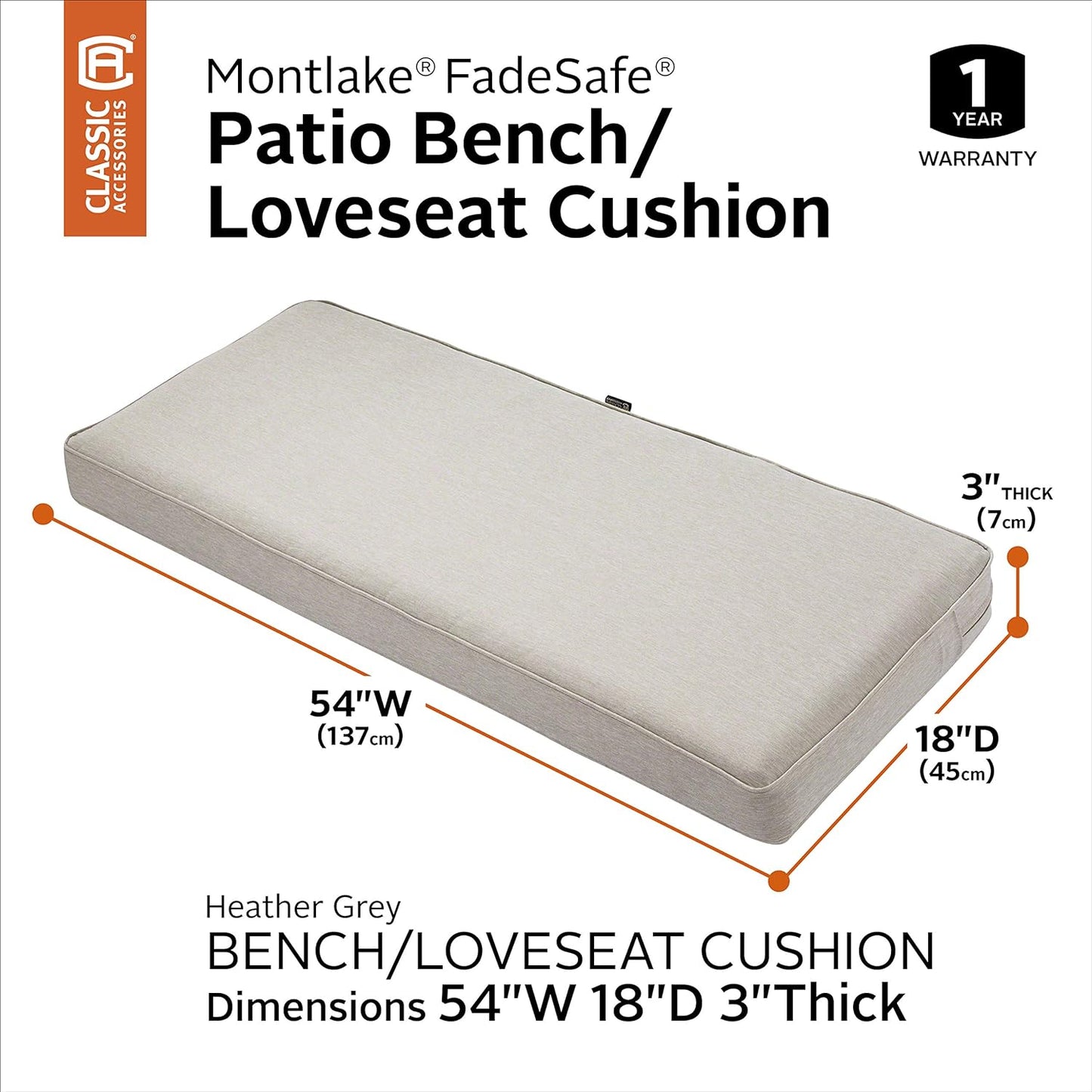 Montlake Water-Resistant 54 X 18 X 3 Inch Outdoor Bench/Settee Cushion, Patio Furniture Swing Cushion, Heather Grey, Patio Loveseat Cushion