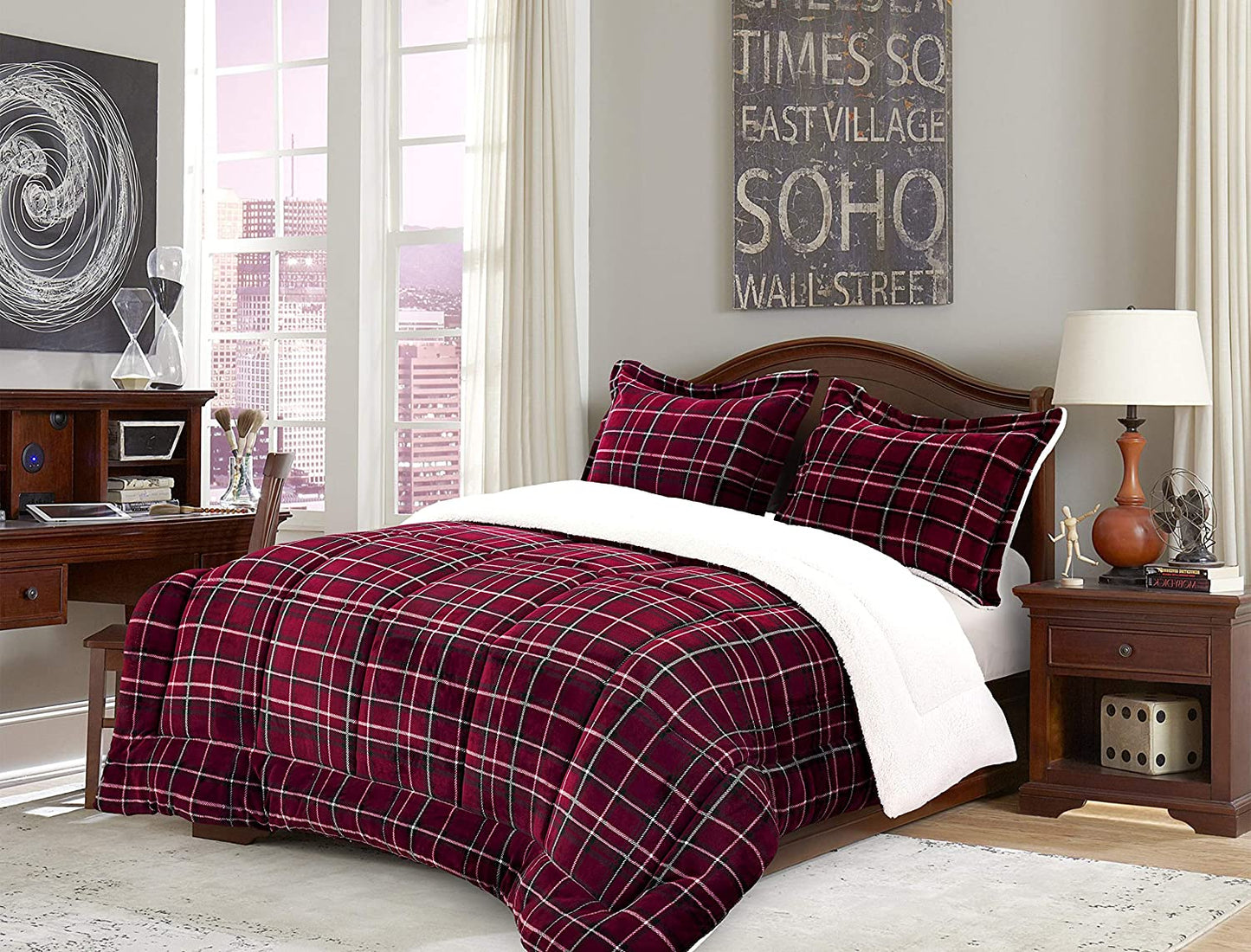 Softest, Coziest Heavy Weight Plaid Pattern Micromink Sherpa-Backing Premium Quality down down Alternative Micro-Suede 3-Piece Reversible Comforter Set, King/Cal King, Burgundy