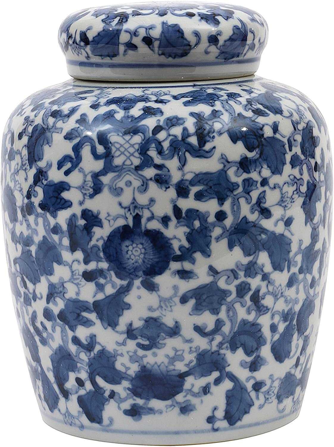 Decorative Blue and White Ceramic Ginger Jar with Lid